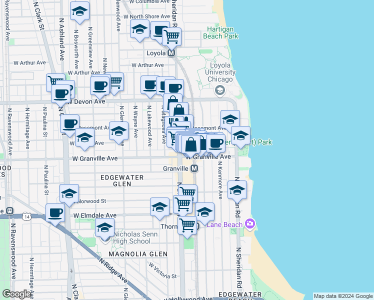 map of restaurants, bars, coffee shops, grocery stores, and more near 6231 North Broadway in Chicago