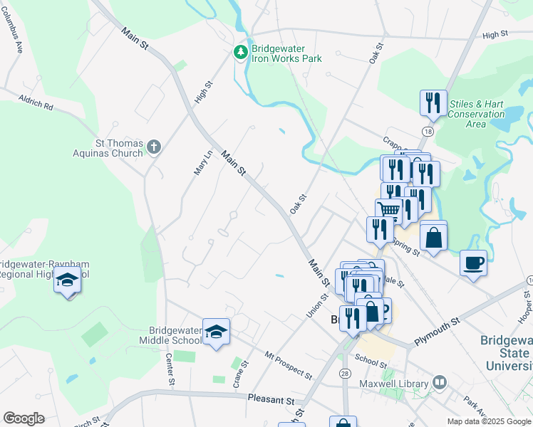 map of restaurants, bars, coffee shops, grocery stores, and more near 242 Main Street in Bridgewater