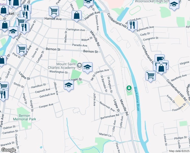 map of restaurants, bars, coffee shops, grocery stores, and more near 139 Mount Saint Charles Avenue in Woonsocket
