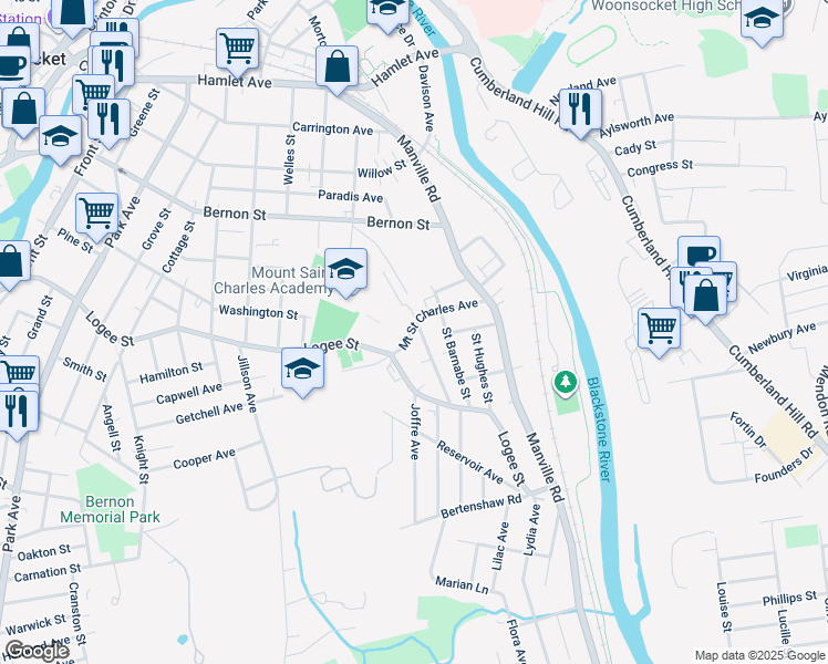 map of restaurants, bars, coffee shops, grocery stores, and more near 139 Mount Saint Charles Avenue in Woonsocket