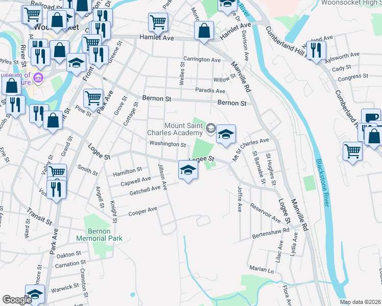 map of restaurants, bars, coffee shops, grocery stores, and more near 200 Washington Street in Woonsocket