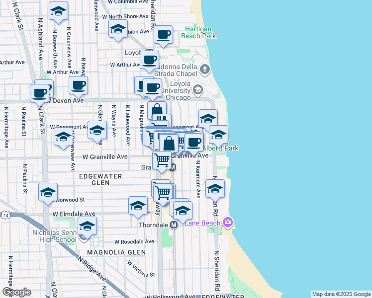 map of restaurants, bars, coffee shops, grocery stores, and more near 6228 North Winthrop Avenue in Chicago
