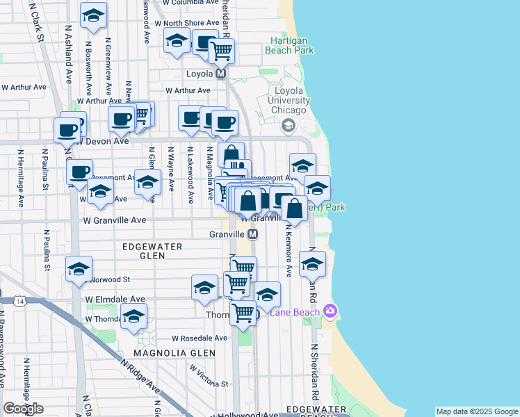 map of restaurants, bars, coffee shops, grocery stores, and more near 6228 North Winthrop Avenue in Chicago