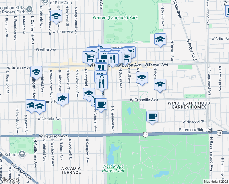map of restaurants, bars, coffee shops, grocery stores, and more near 6245 North Claremont Avenue in Chicago
