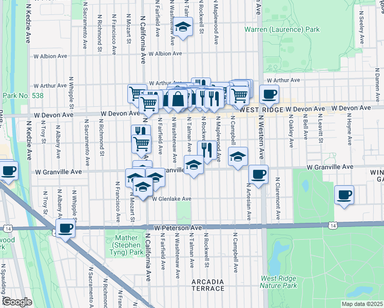 map of restaurants, bars, coffee shops, grocery stores, and more near 6250 North Talman Avenue in Chicago