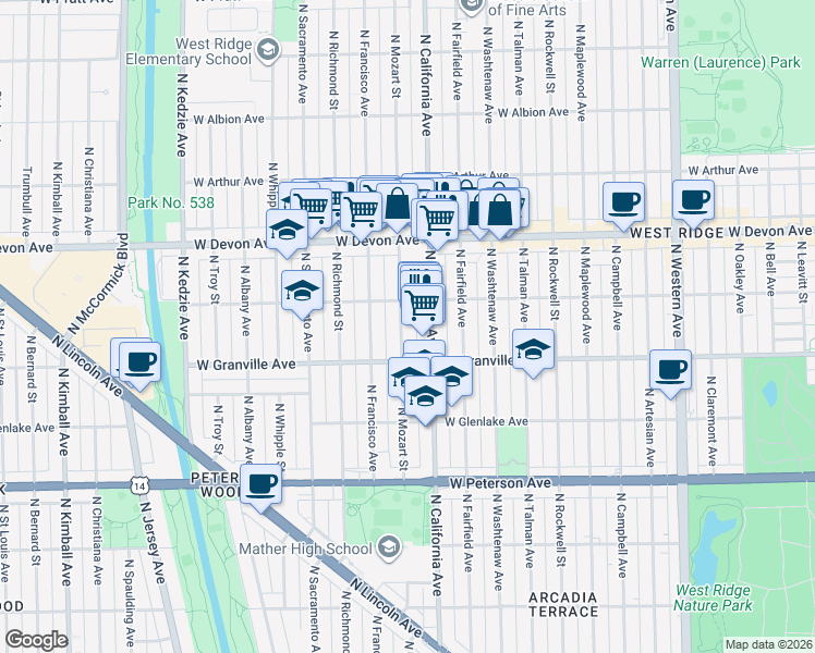 map of restaurants, bars, coffee shops, grocery stores, and more near 6257 North Mozart Street in Chicago