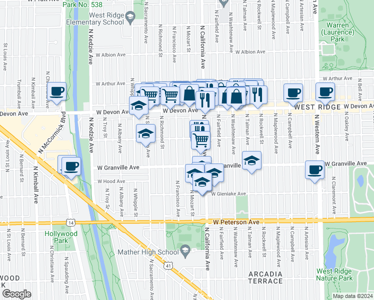 map of restaurants, bars, coffee shops, grocery stores, and more near 6257 North Mozart Street in Chicago