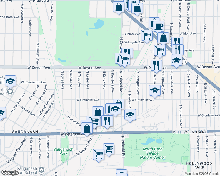 map of restaurants, bars, coffee shops, grocery stores, and more near 4040 West Rosemont Avenue in Chicago