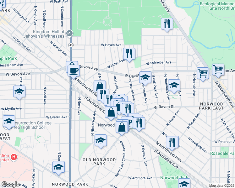 map of restaurants, bars, coffee shops, grocery stores, and more near 6246 North Sayre Avenue in Chicago