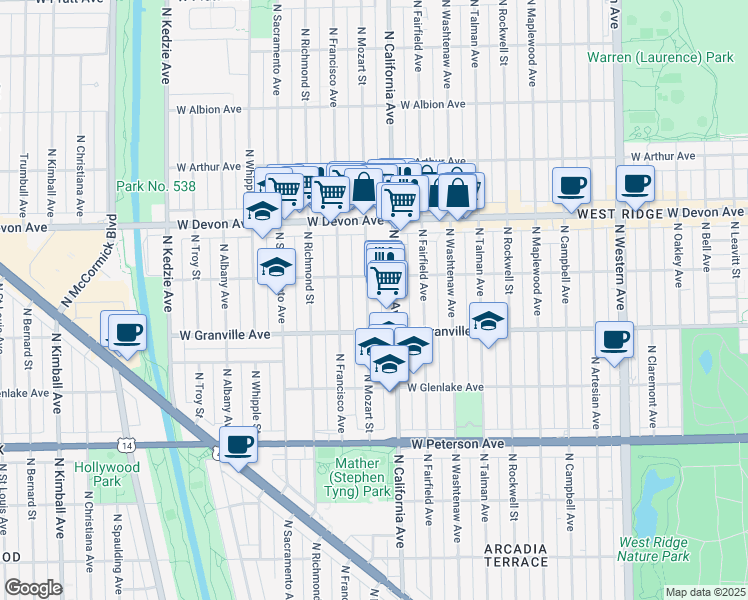 map of restaurants, bars, coffee shops, grocery stores, and more near 6257 North Mozart Street in Chicago