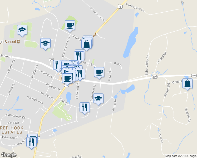 map of restaurants, bars, coffee shops, grocery stores, and more near 57 East Market Street in Red Hook