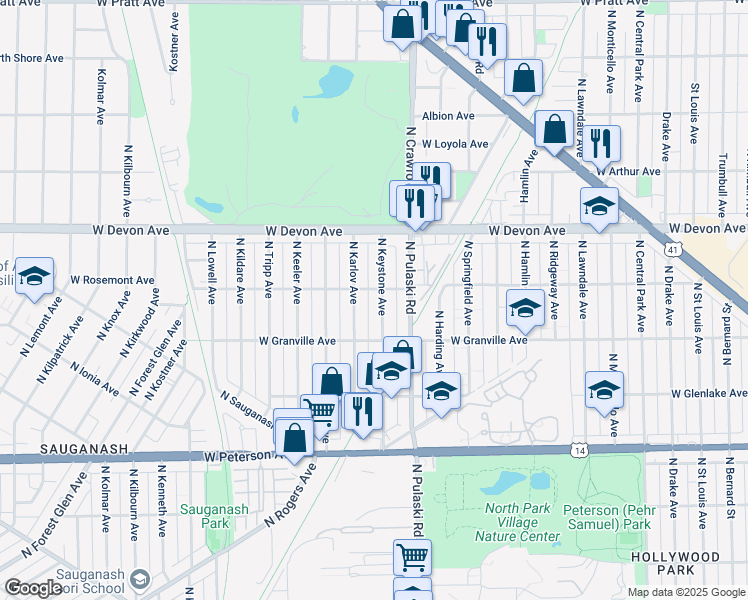 map of restaurants, bars, coffee shops, grocery stores, and more near 4040 West Rosemont Avenue in Chicago