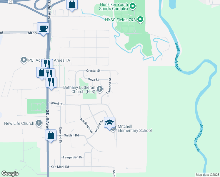 map of restaurants, bars, coffee shops, grocery stores, and more near 3025 Diamond Street in Ames