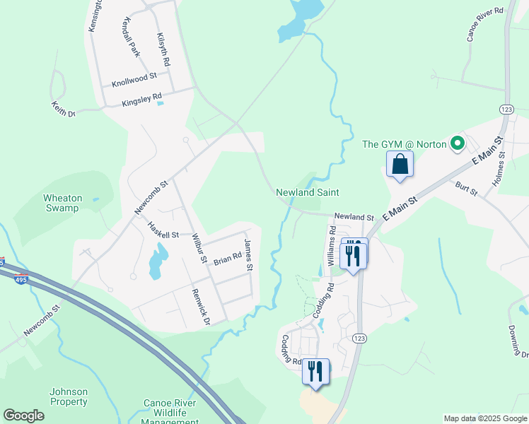 map of restaurants, bars, coffee shops, grocery stores, and more near 34 Newland Street in Norton