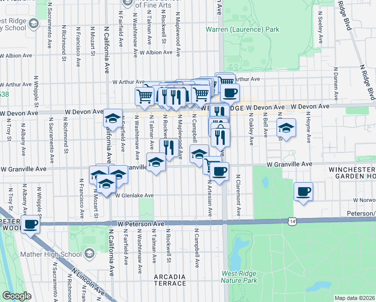 map of restaurants, bars, coffee shops, grocery stores, and more near 6229 North Artesian Avenue in Chicago