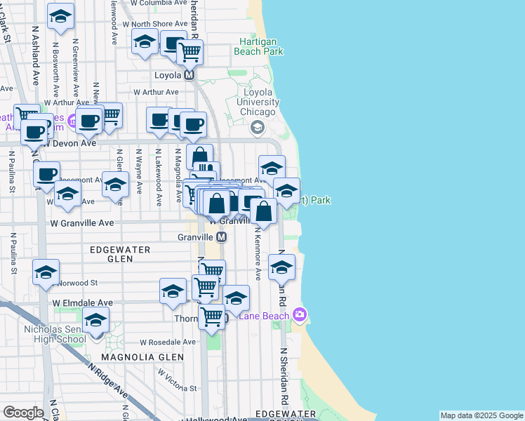 map of restaurants, bars, coffee shops, grocery stores, and more near 6230 North Kenmore Avenue in Chicago