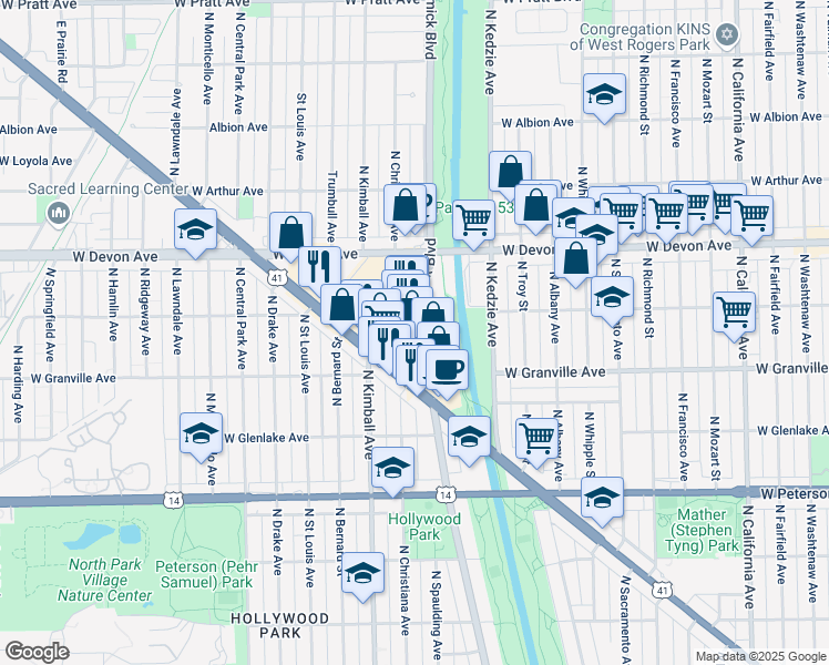 map of restaurants, bars, coffee shops, grocery stores, and more near 6257 North McCormick Boulevard in Chicago