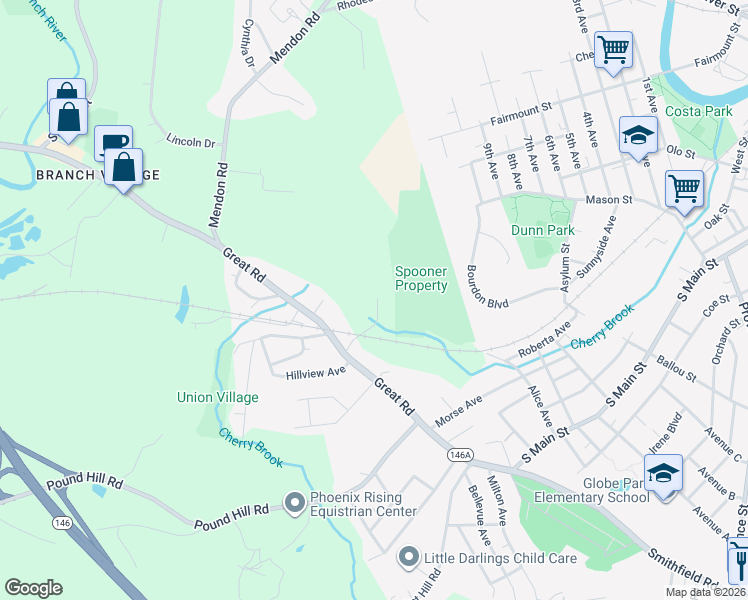 map of restaurants, bars, coffee shops, grocery stores, and more near 10 Heroux Drive in North Smithfield