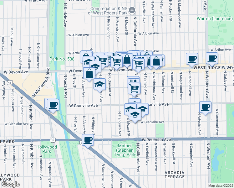 map of restaurants, bars, coffee shops, grocery stores, and more near 6259 North Francisco Avenue in Chicago