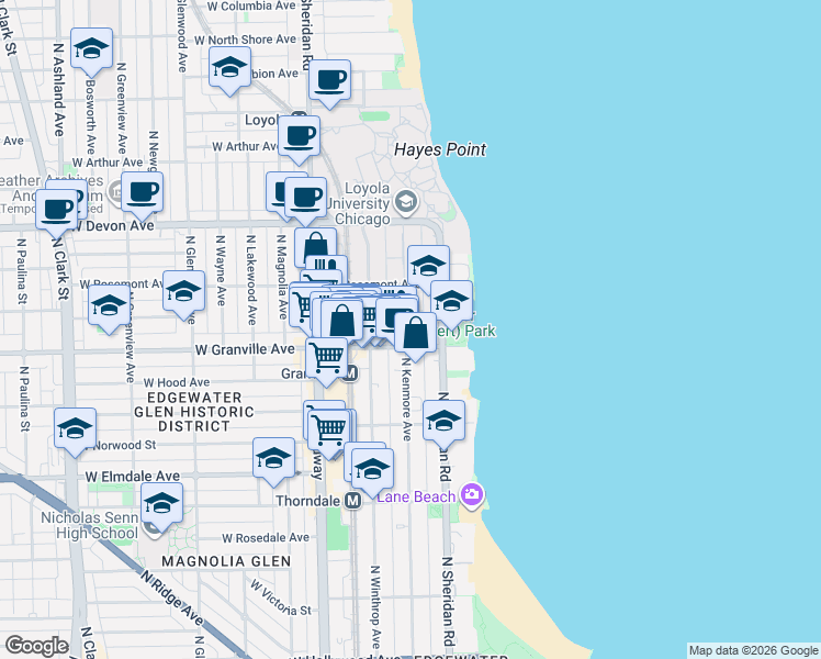 map of restaurants, bars, coffee shops, grocery stores, and more near 6230 North Kenmore Avenue in Chicago