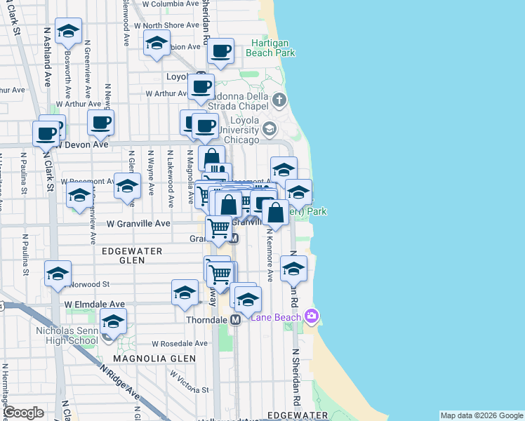map of restaurants, bars, coffee shops, grocery stores, and more near 6200 North Kenmore Avenue in Chicago