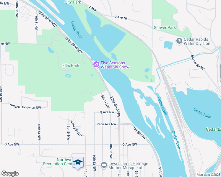 map of restaurants, bars, coffee shops, grocery stores, and more near 1895 Ellis Boulevard Northwest in Cedar Rapids