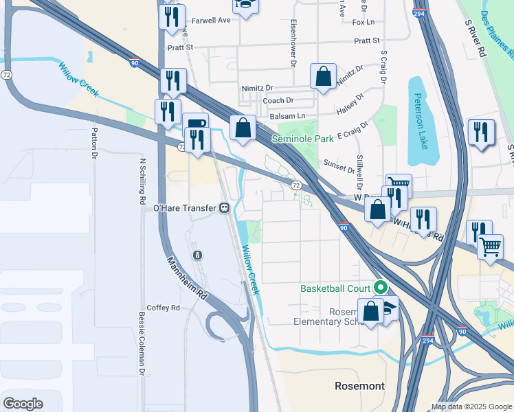 map of restaurants, bars, coffee shops, grocery stores, and more near 10104 Devon Court in Rosemont