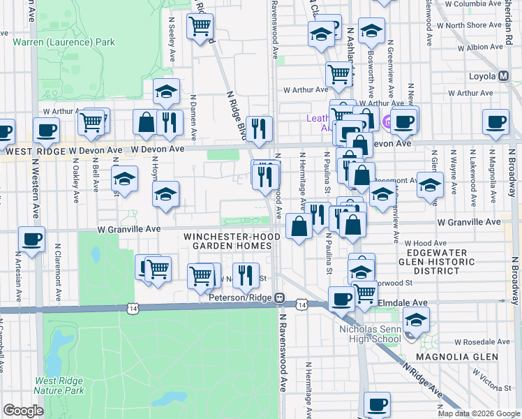 map of restaurants, bars, coffee shops, grocery stores, and more near 1819 West Thome Avenue in Chicago