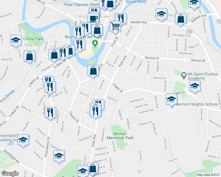 map of restaurants, bars, coffee shops, grocery stores, and more near 546 Park Avenue in Woonsocket