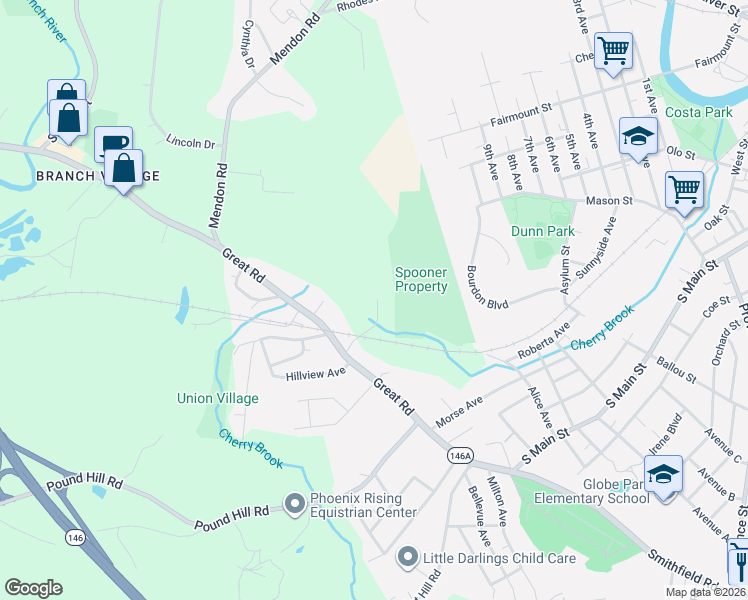map of restaurants, bars, coffee shops, grocery stores, and more near 10 Heroux Drive in North Smithfield