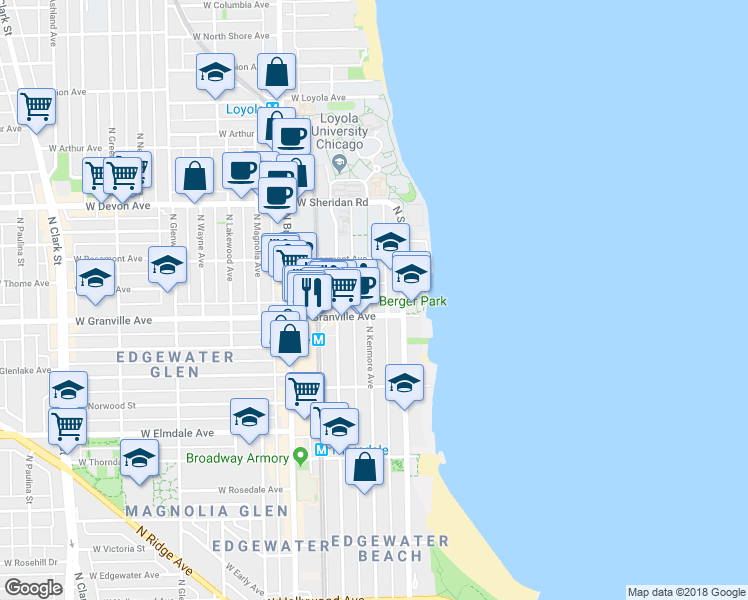 map of restaurants, bars, coffee shops, grocery stores, and more near 6230 North Kenmore Avenue in Chicago