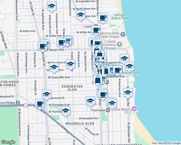 map of restaurants, bars, coffee shops, grocery stores, and more near 6231 North Magnolia Avenue in Chicago