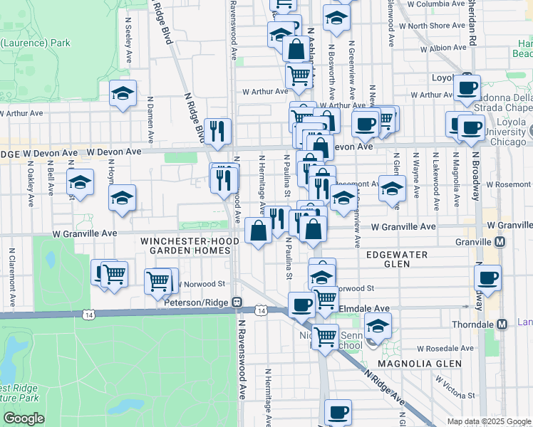 map of restaurants, bars, coffee shops, grocery stores, and more near 1745 West Thome Avenue in Chicago