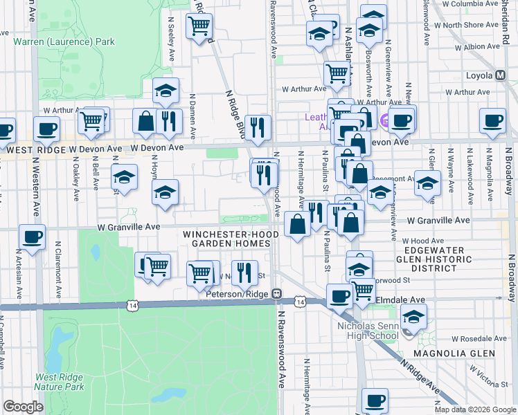 map of restaurants, bars, coffee shops, grocery stores, and more near 1819 West Thome Avenue in Chicago