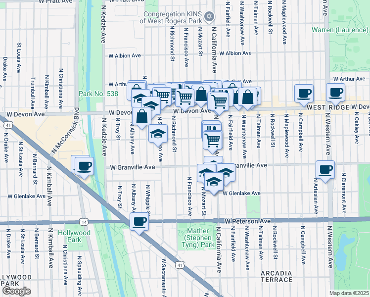 map of restaurants, bars, coffee shops, grocery stores, and more near 6259 North Francisco Avenue in Chicago