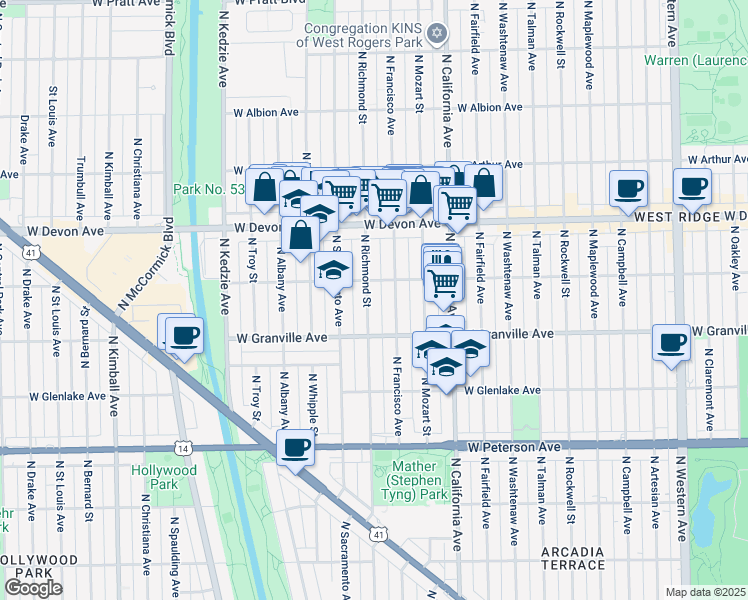 map of restaurants, bars, coffee shops, grocery stores, and more near 6250 North Richmond Street in Chicago