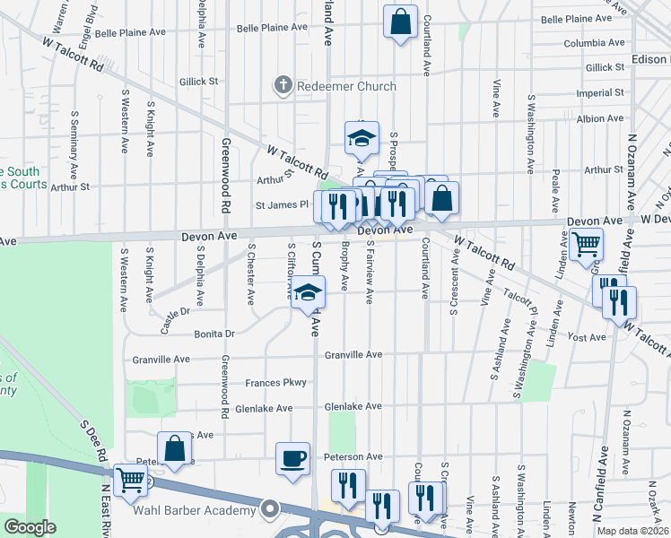 map of restaurants, bars, coffee shops, grocery stores, and more near 1226 Brophy Avenue in Park Ridge