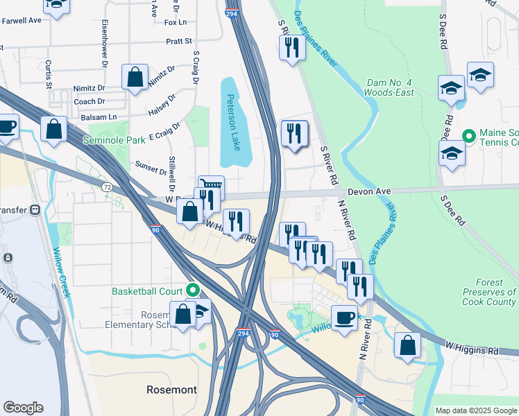map of restaurants, bars, coffee shops, grocery stores, and more near 9620 West Higgins Road in Rosemont