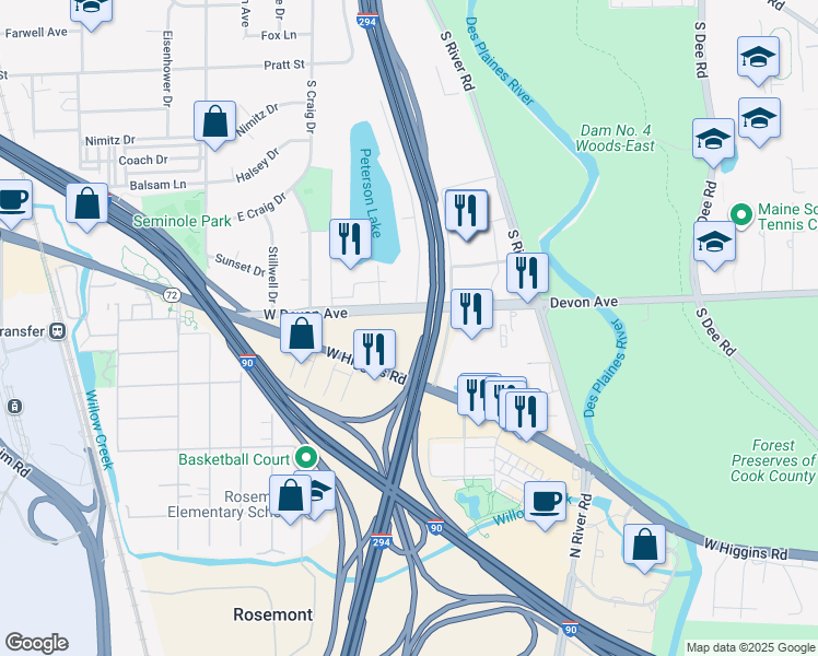 map of restaurants, bars, coffee shops, grocery stores, and more near 9620 West Higgins Road in Rosemont