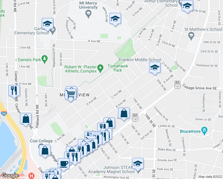 map of restaurants, bars, coffee shops, grocery stores, and more near 1841 D Avenue Northeast in Cedar Rapids