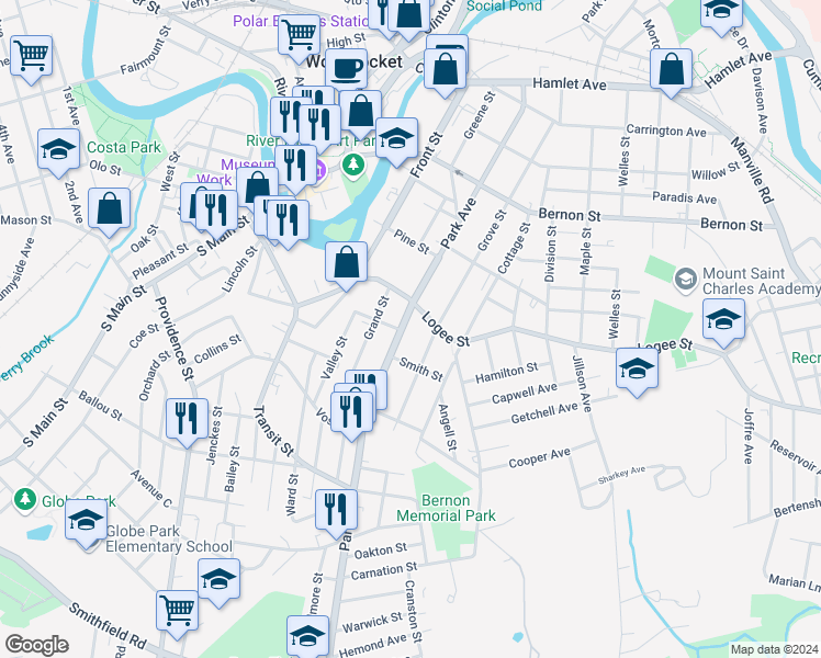map of restaurants, bars, coffee shops, grocery stores, and more near 580 Park Avenue in Woonsocket