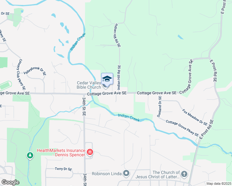 map of restaurants, bars, coffee shops, grocery stores, and more near 2 Indian Creek Lane Southeast in Cedar Rapids