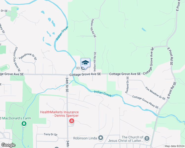 map of restaurants, bars, coffee shops, grocery stores, and more near 2 Indian Creek Lane Southeast in Cedar Rapids