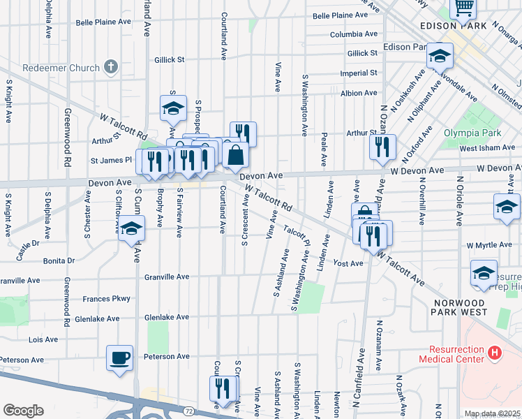 map of restaurants, bars, coffee shops, grocery stores, and more near 430 Talcott Place in Park Ridge
