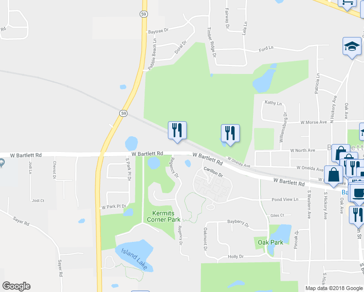 map of restaurants, bars, coffee shops, grocery stores, and more near 778 West Bartlett Road in Bartlett