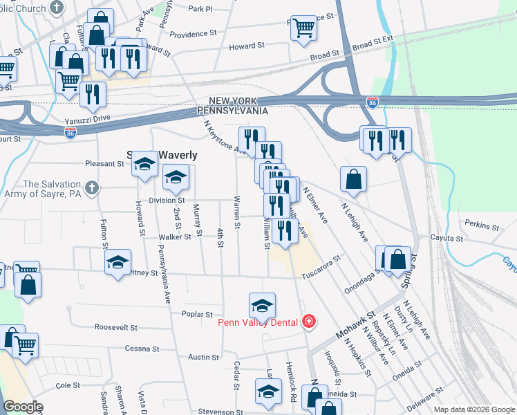 map of restaurants, bars, coffee shops, grocery stores, and more near 2 William Street in South Waverly
