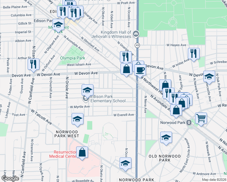 map of restaurants, bars, coffee shops, grocery stores, and more near 7280 West Palatine Avenue in Chicago