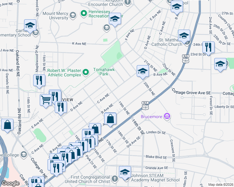 map of restaurants, bars, coffee shops, grocery stores, and more near 1917 C Avenue Northeast in Cedar Rapids