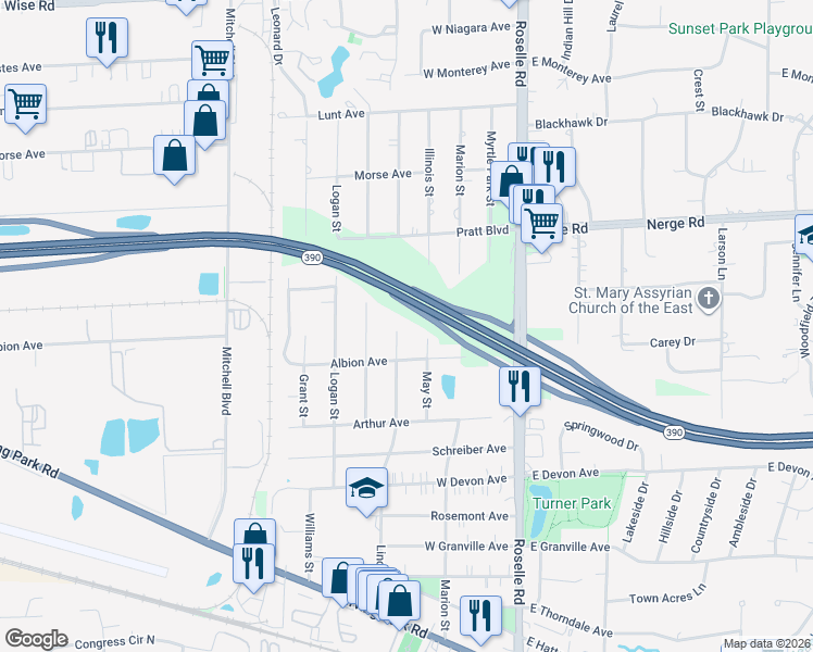 map of restaurants, bars, coffee shops, grocery stores, and more near 1745 Lincoln Street in Roselle
