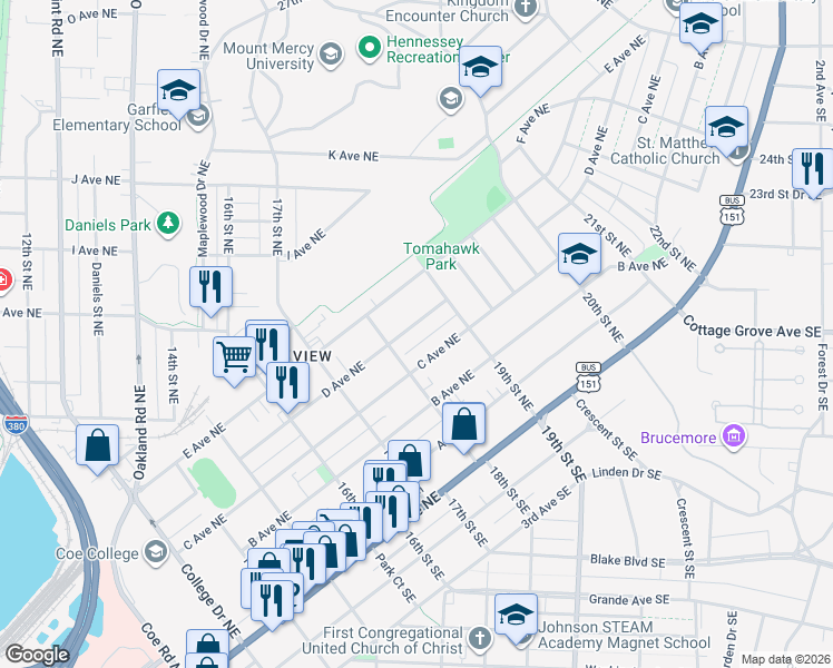 map of restaurants, bars, coffee shops, grocery stores, and more near 1825 D Avenue Northeast in Cedar Rapids